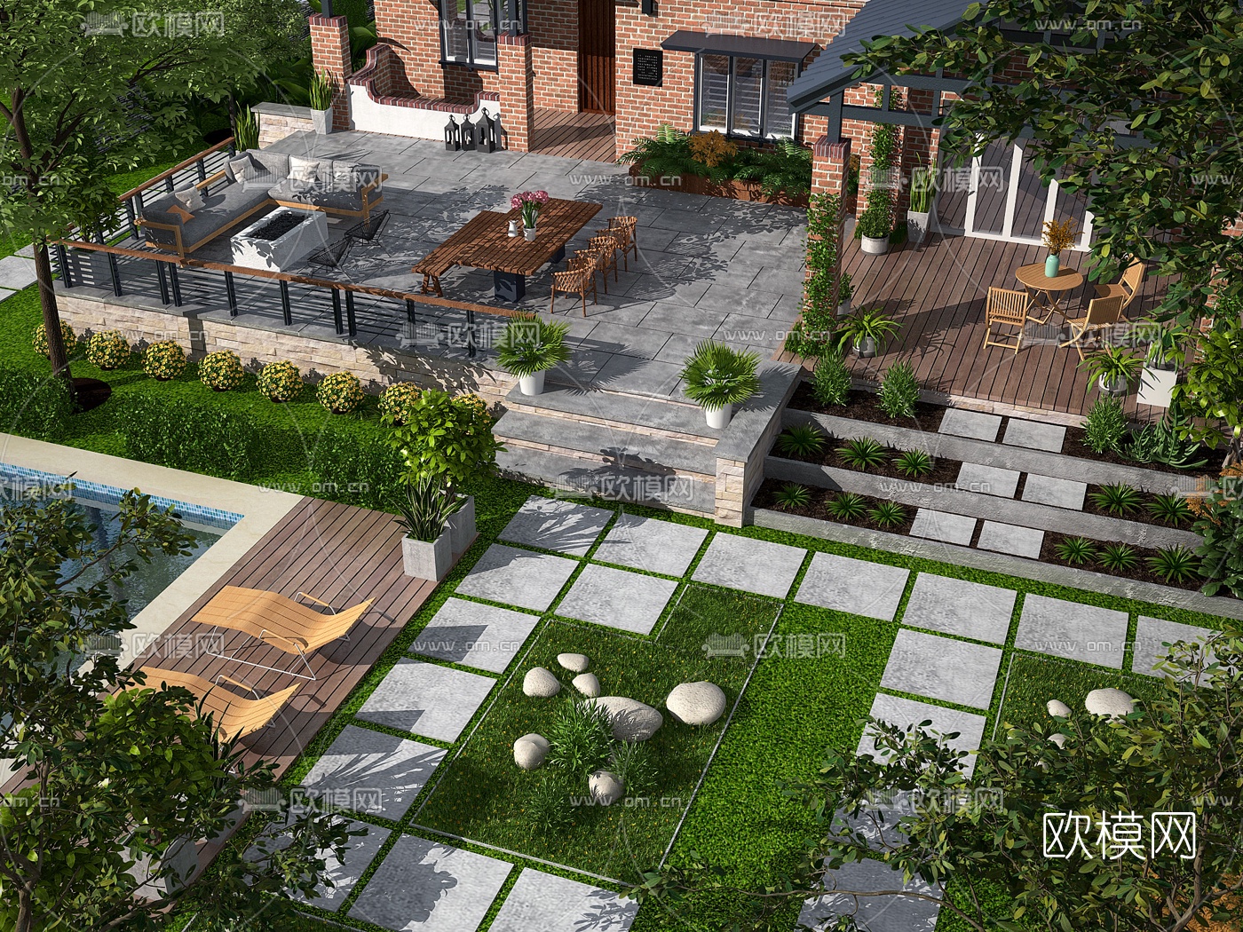 现代庭院花园鸟瞰3d模型下载_ID10022717_3dmax免费模型-欧模网