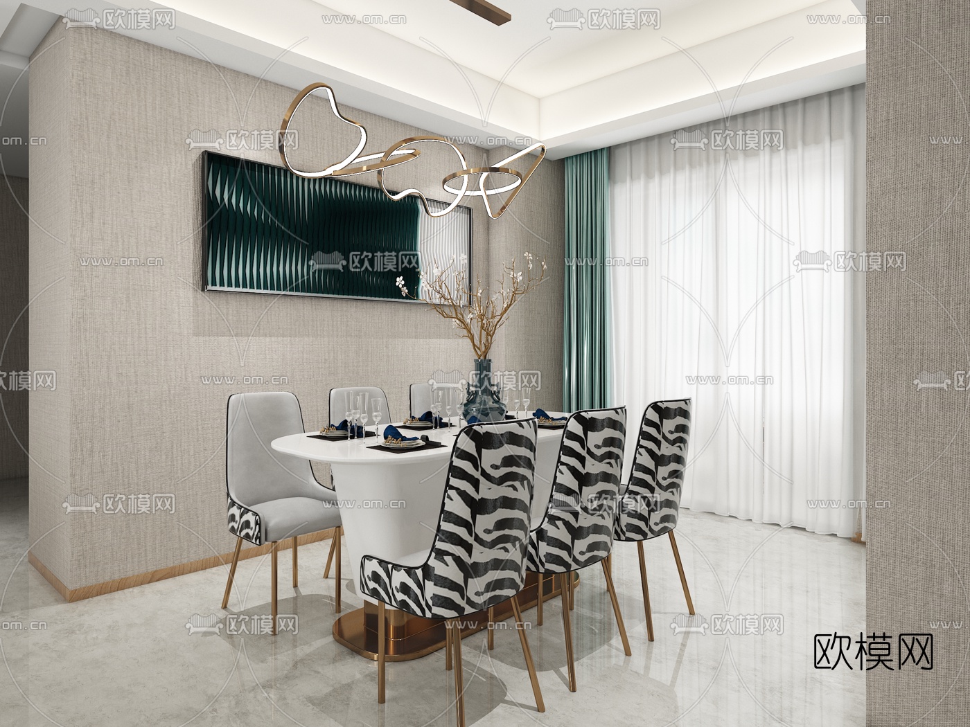 CIMA希玛设计 现代轻奢客厅餐厅3d模型下载（渲染图2）