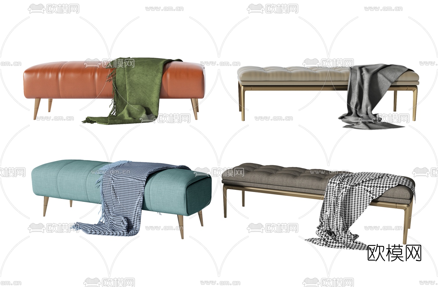 现代布艺床尾脚踏3d模型下载（渲染图1）