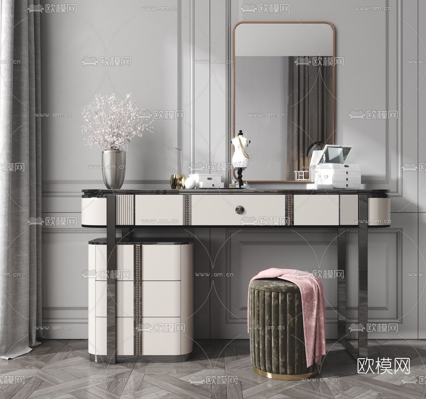 现代轻奢梳妆台3d模型下载（渲染图1）
