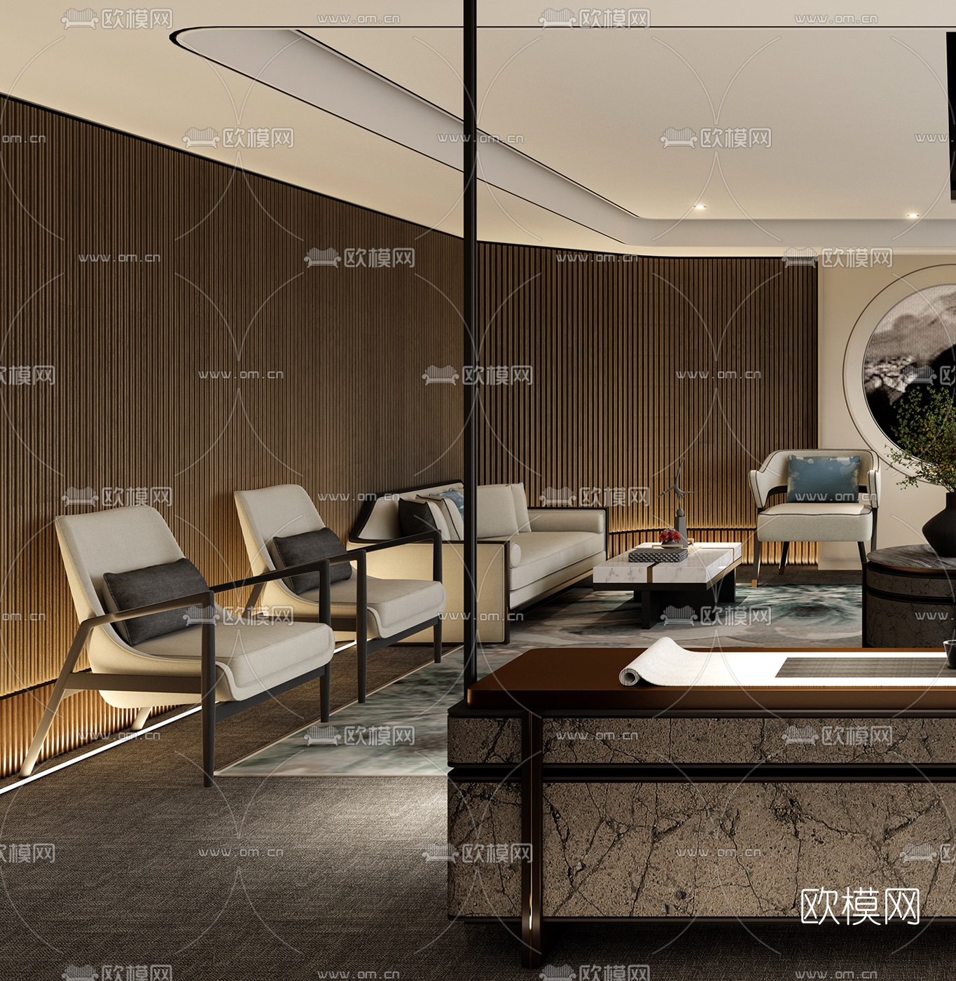 新中式酒店接待室3d模型下载（渲染图2）