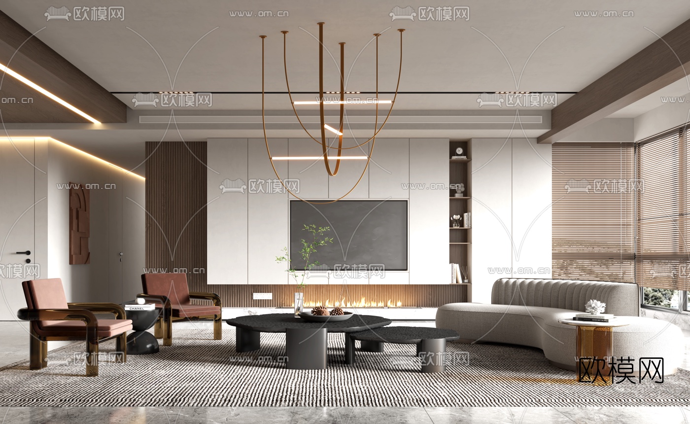 现代布艺弧形沙发组合3d模型下载（渲染图1）