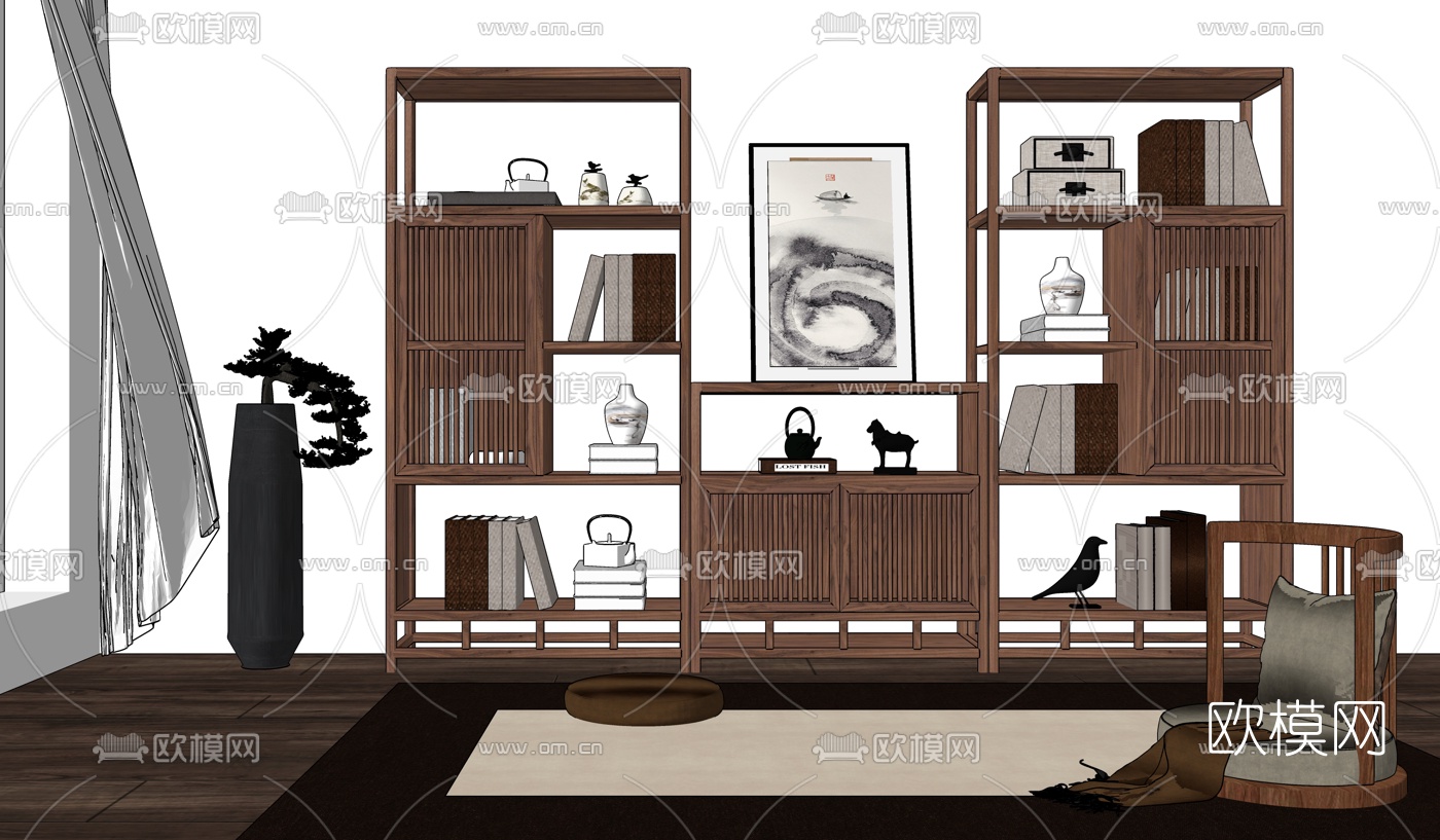 新中式博古架su模型下载（渲染图2）