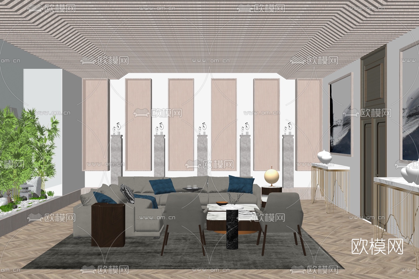新中式布艺组合沙发免费su模型下载