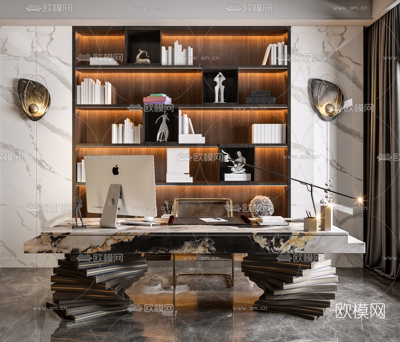 后现代轻奢书桌椅3d模型下载