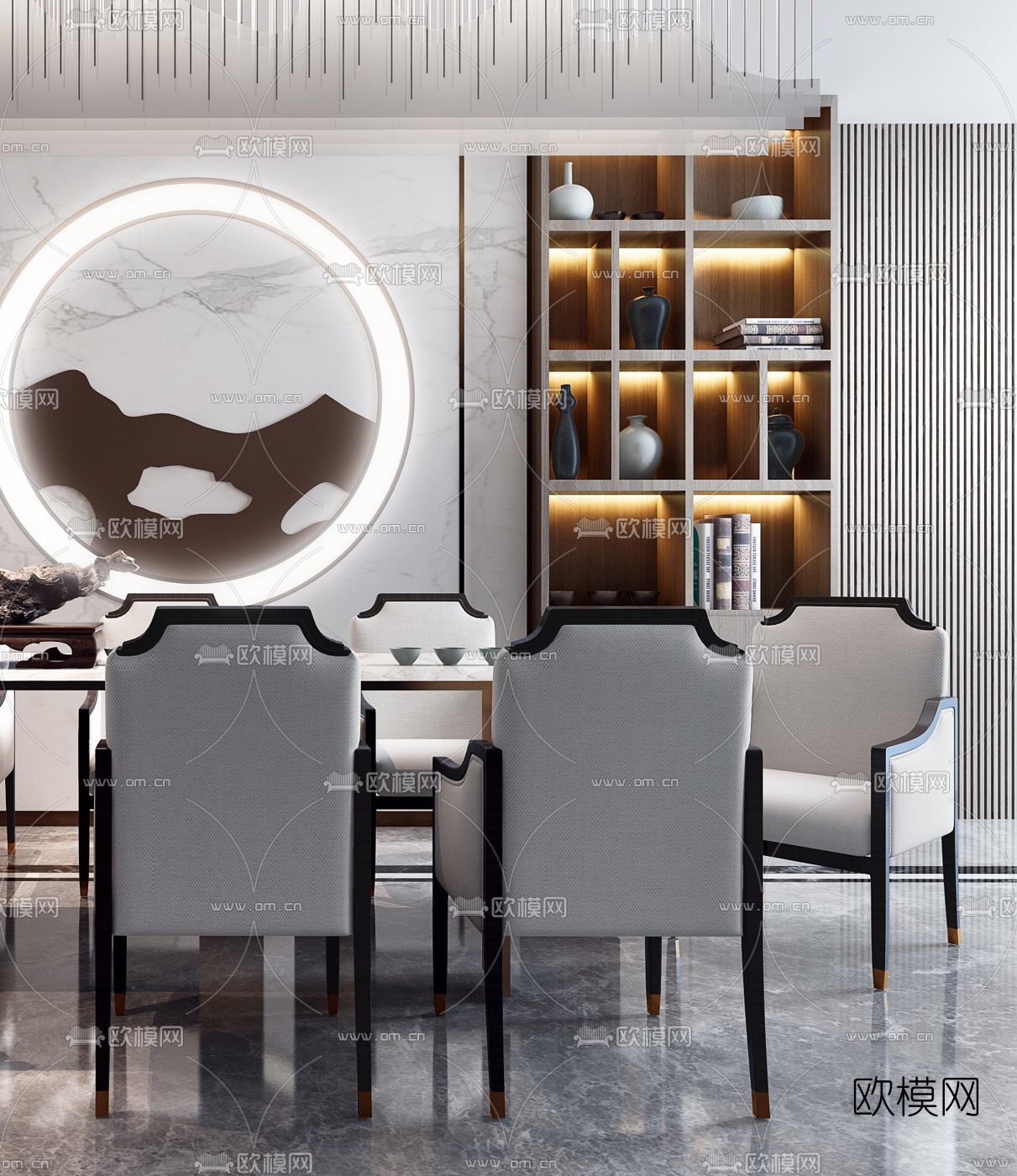 新中式大理石茶桌椅3d模型下载（渲染图2）