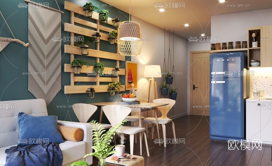 北欧公寓客厅餐厅su模型下载（渲染图6）