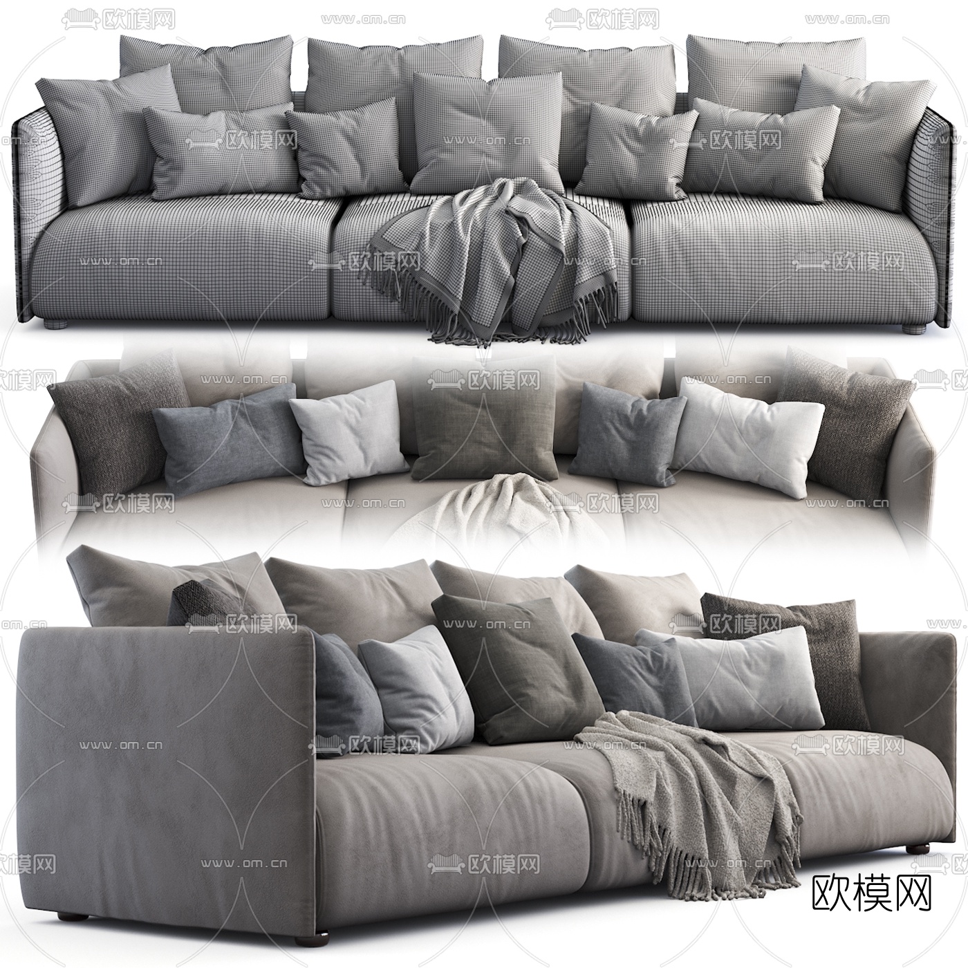现代布艺多人沙发 三人沙发3d模型下载（渲染图4）
