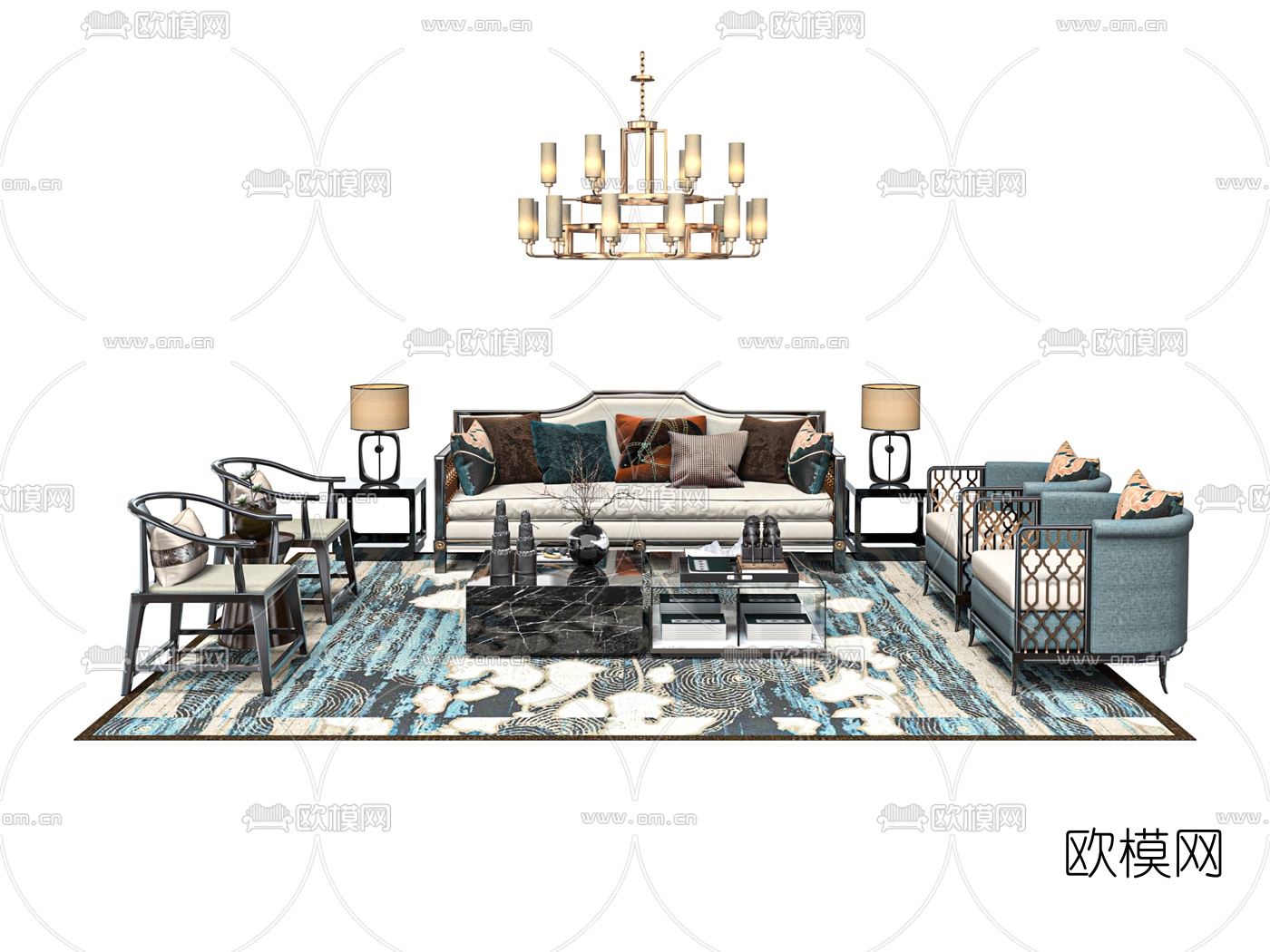 新中式布艺组合沙发su模型下载（渲染图1）