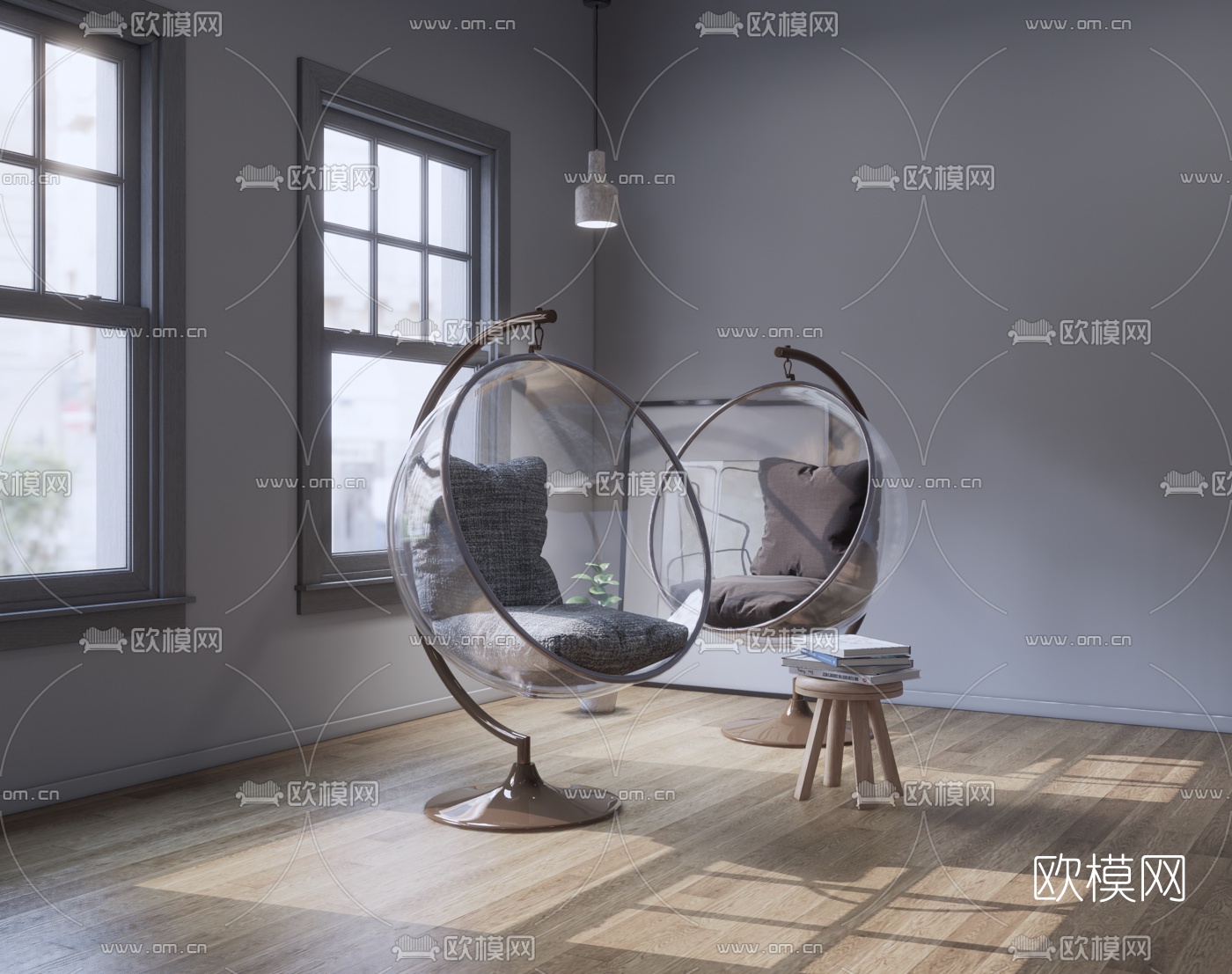 现代透明玻璃吊椅su模型下载（渲染图1）