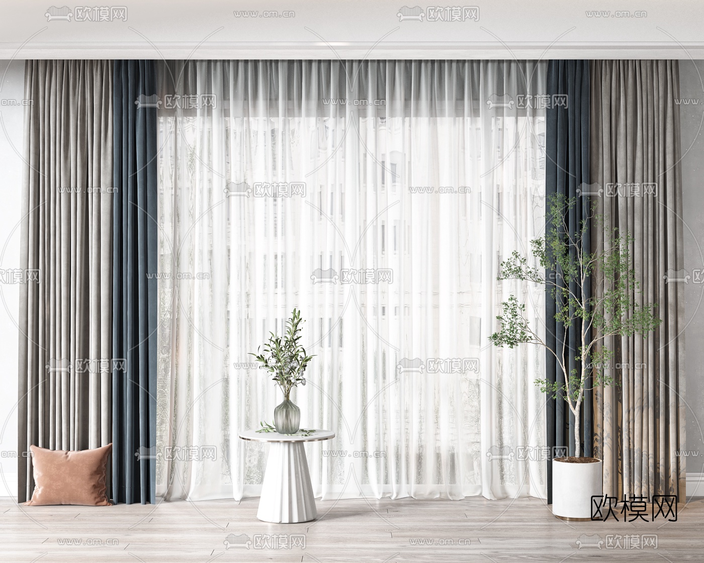 现代布艺窗纱窗帘3d模型下载（渲染图1）