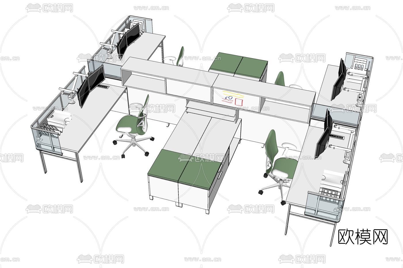 现代卡座办公桌椅免费su模型下载