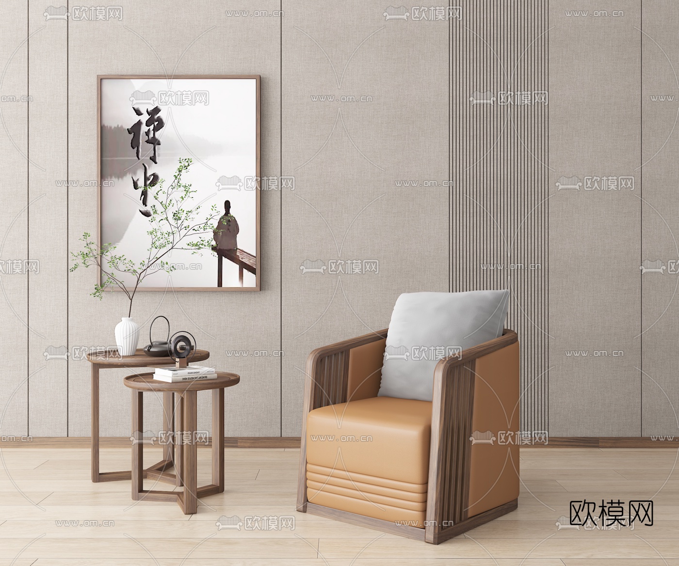 新中式皮革单人沙发3d模型