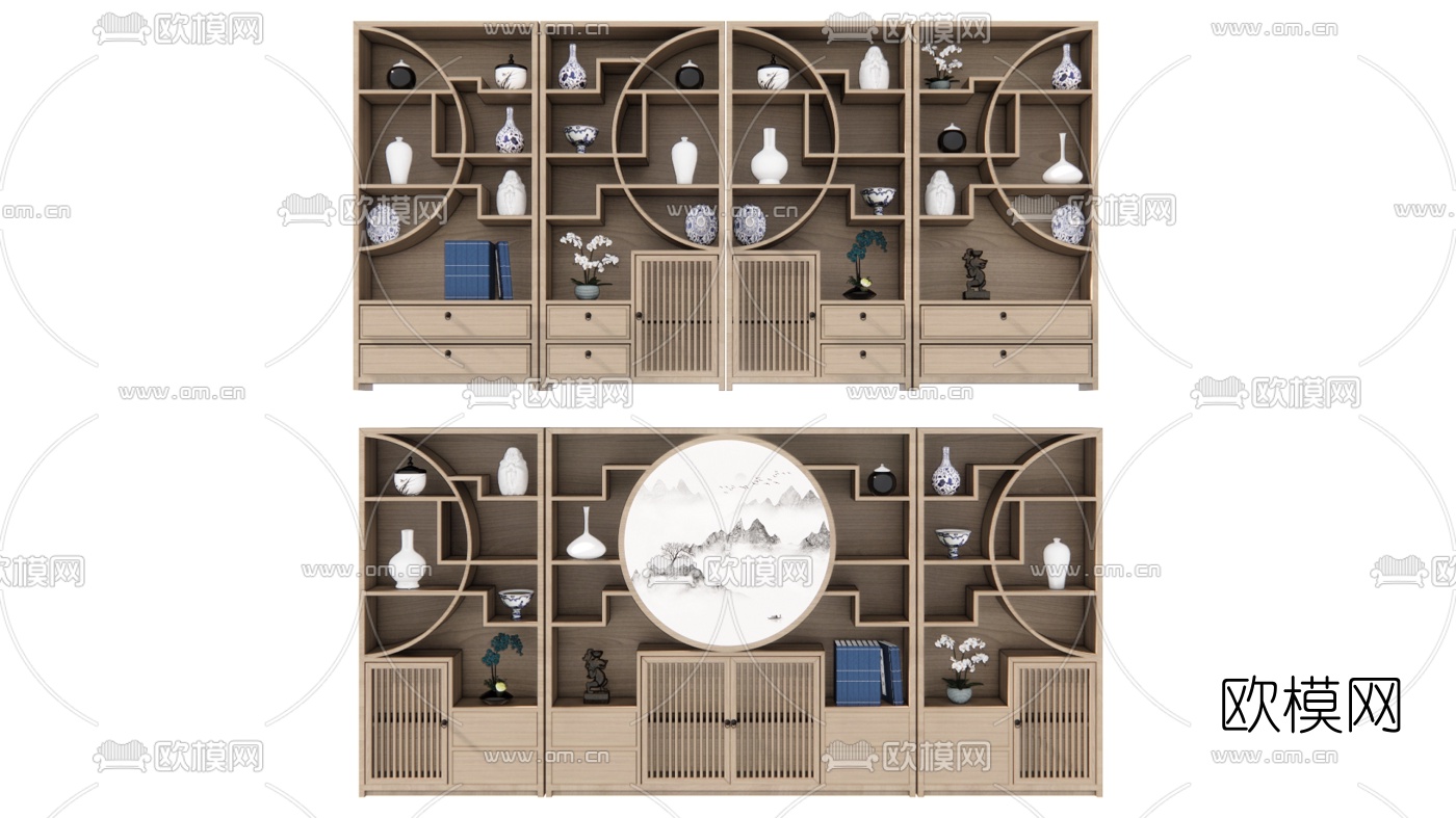 新中式实木博古架su模型下载（渲染图1）
