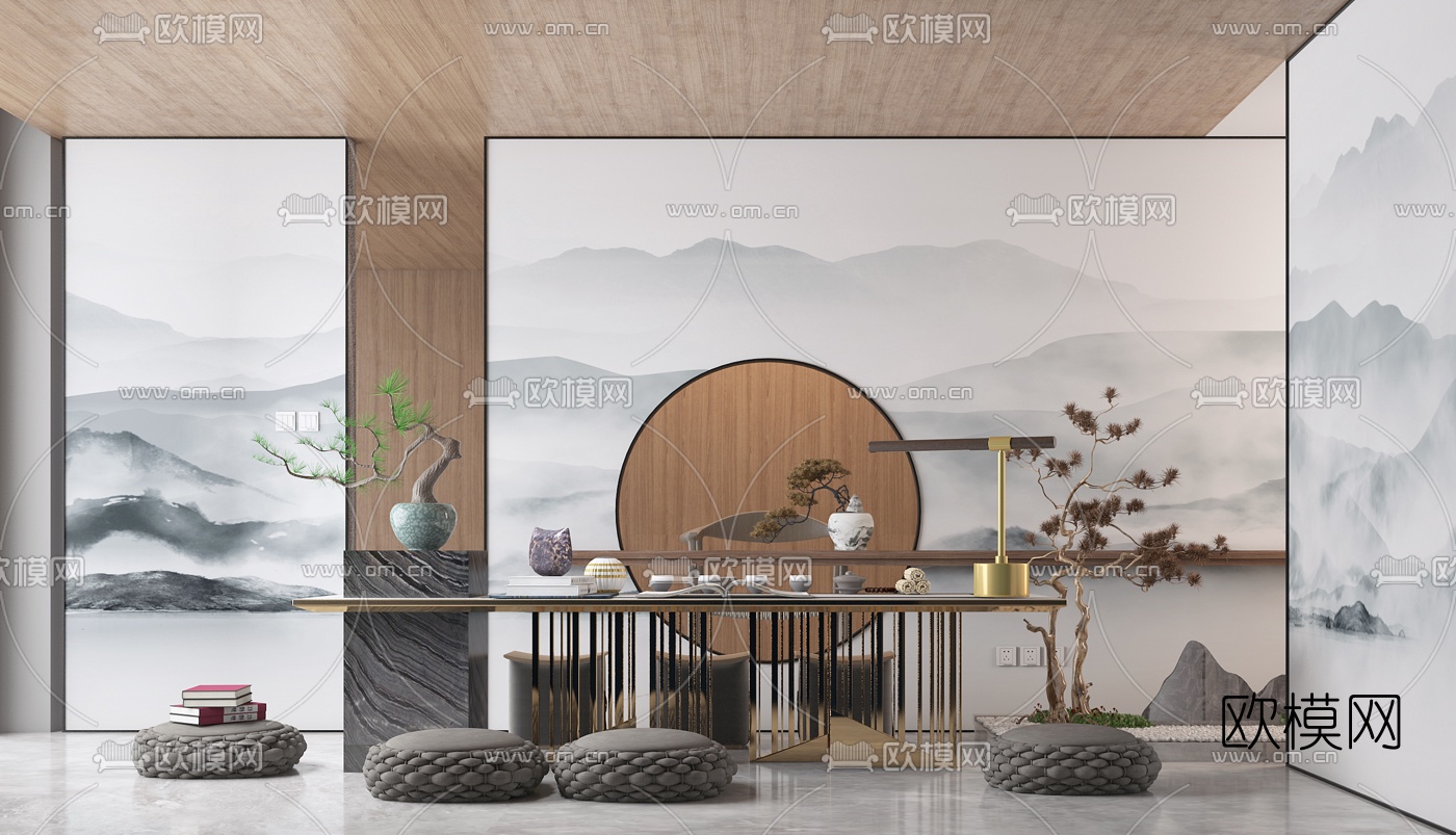 新中式榻榻米茶桌椅3d模型下载（渲染图1）