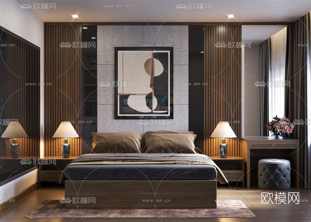 现代主人房卧室su模型下载（渲染图1）