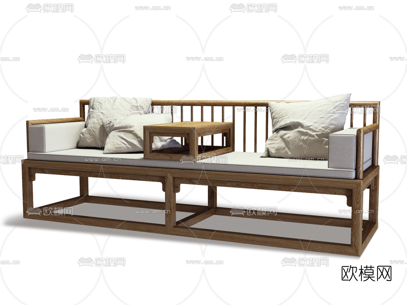 新中式实木双人沙发罗汉床3d模型下载（渲染图1）