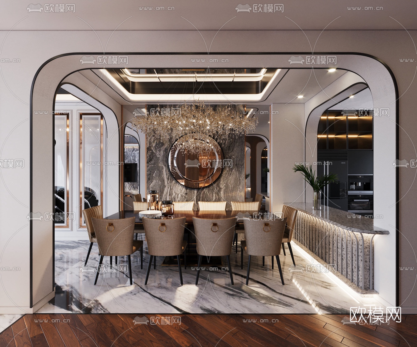 北欧轻奢别墅客厅餐厅3d模型下载（渲染图2）