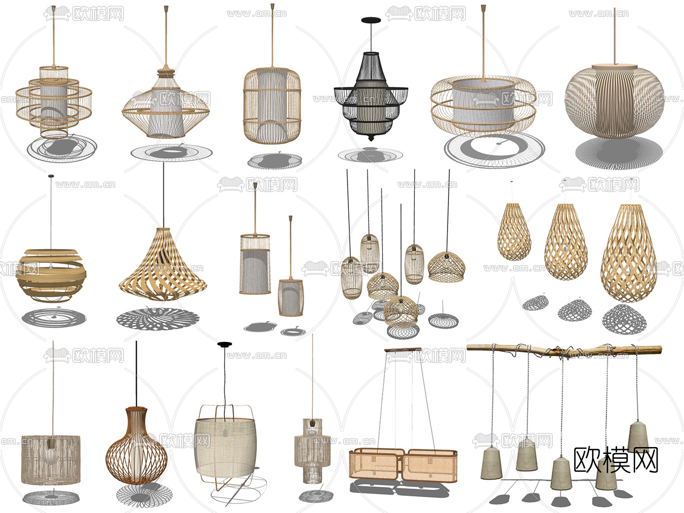 新中式藤编吊灯su模型下载