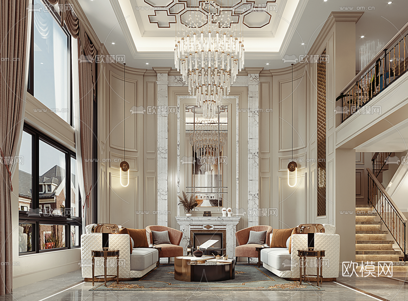 简欧轻奢别墅客厅3d模型下载（渲染图1）
