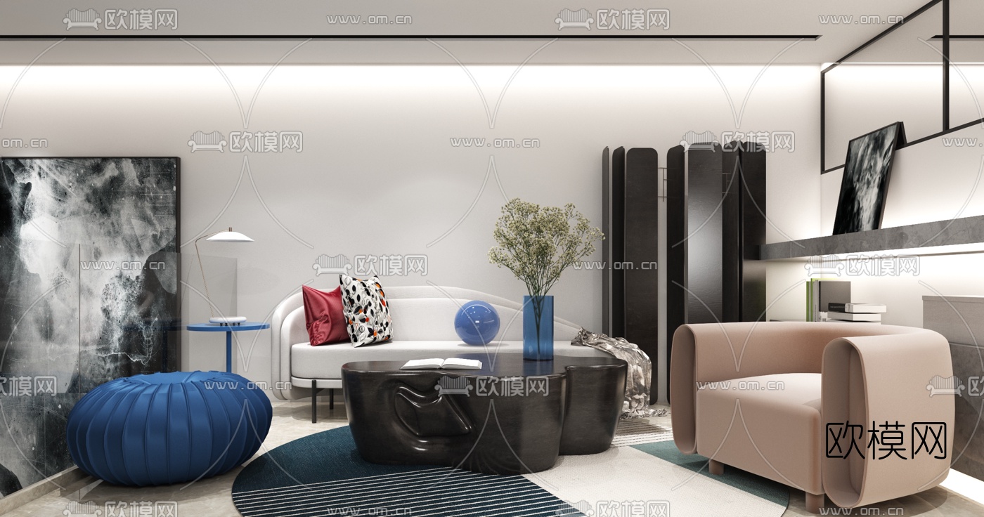 李益中 现代布艺沙发组合3d模型下载