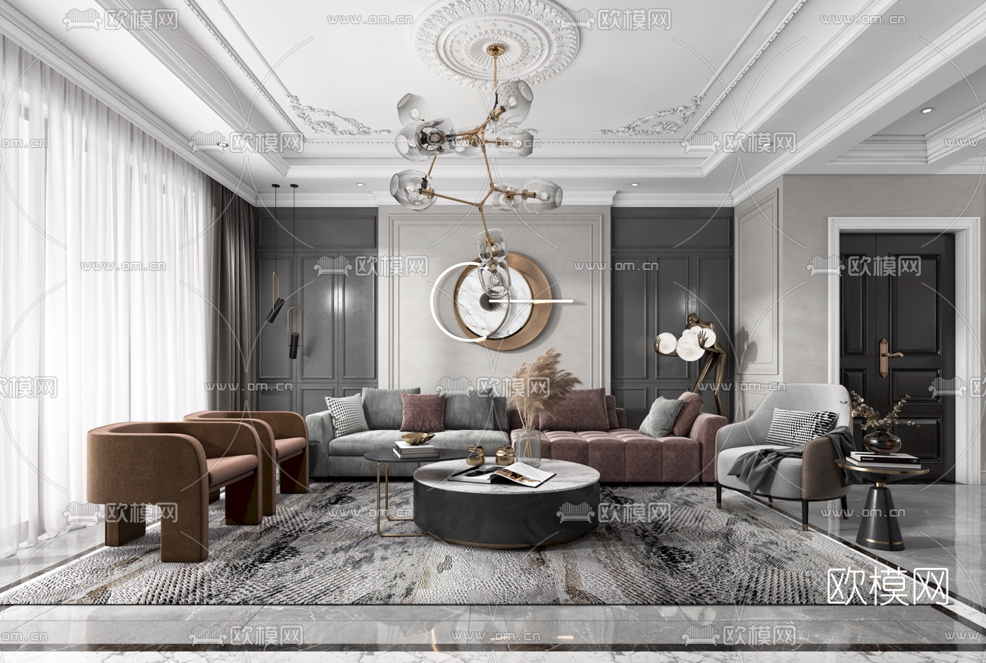 简欧客厅餐厅3d模型下载（渲染图1）