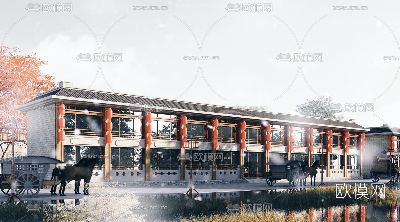 新中式农家乐生态餐厅外观3d模型下载