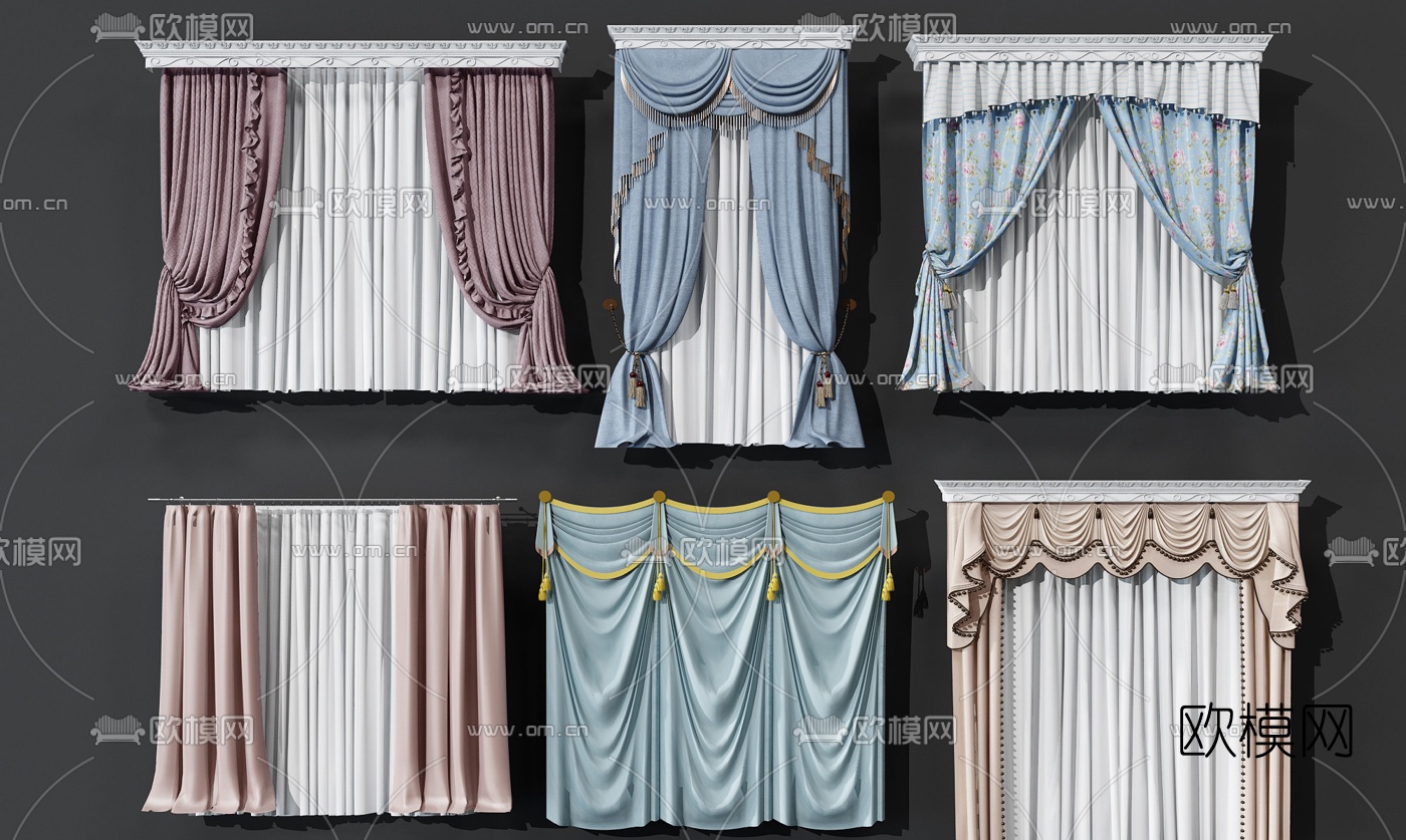 简欧布艺窗帘3d模型下载