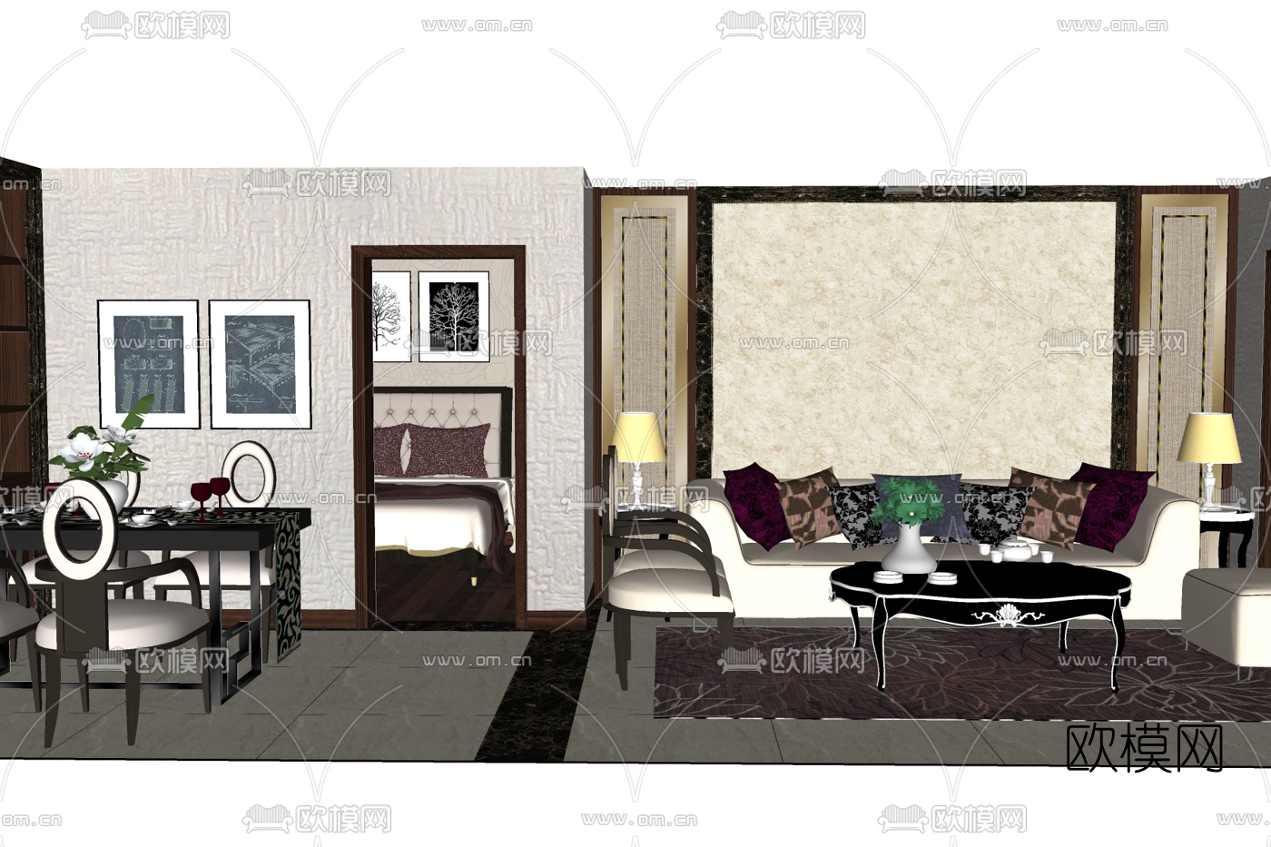 简欧布艺组合沙发su模型下载