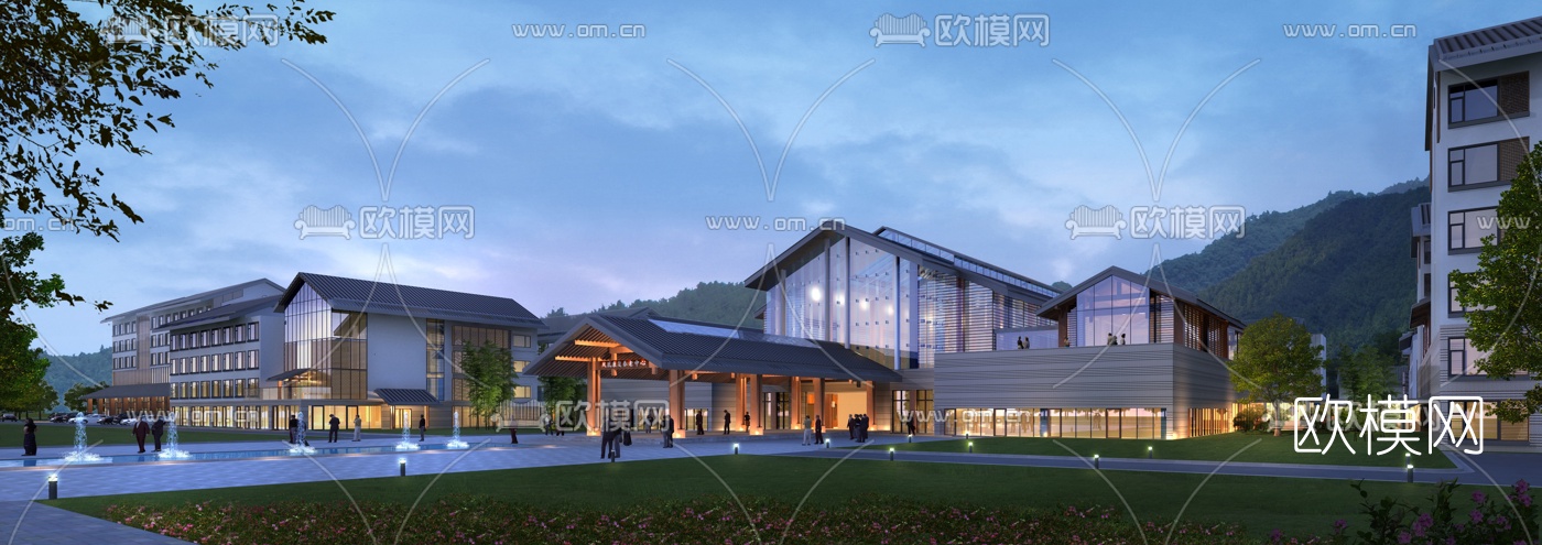 新中式养老中心外观su模型下载（渲染图1）