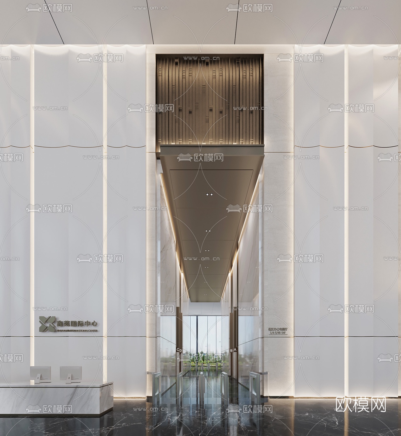 现代写字楼电梯厅3d模型下载（渲染图2）