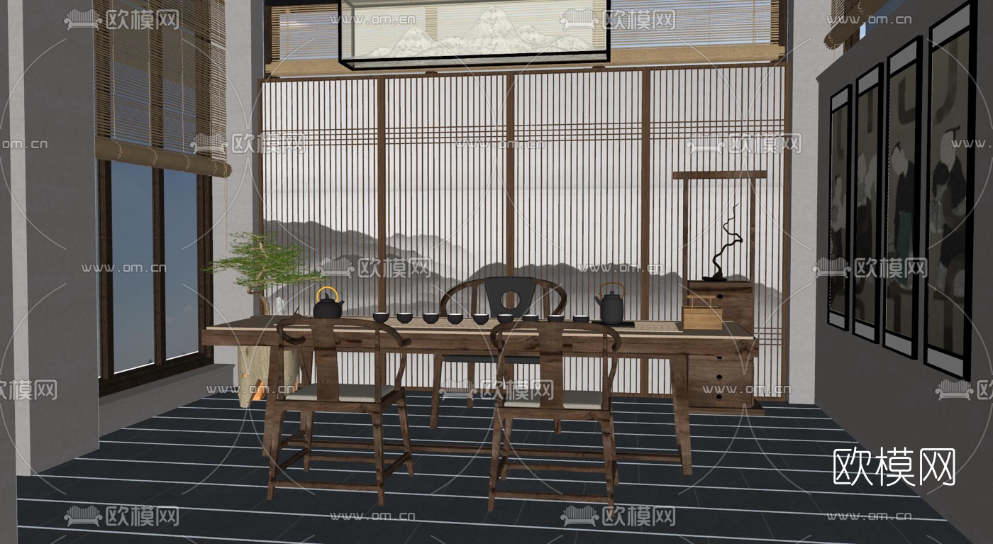 新中式茶室su模型
