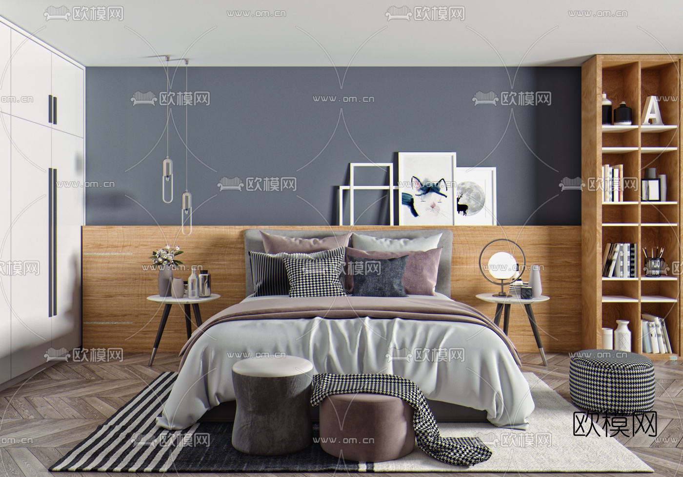 北欧布艺双人床3d模型下载