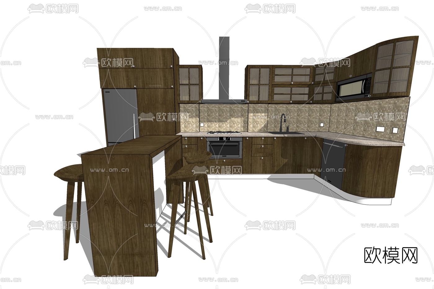 现代实木橱柜免费su模型下载