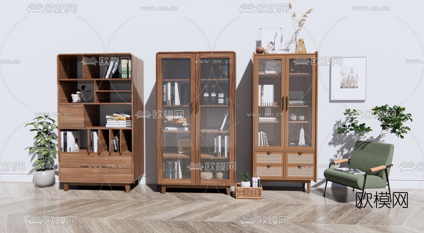北欧简约书柜su模型下载（渲染图1）