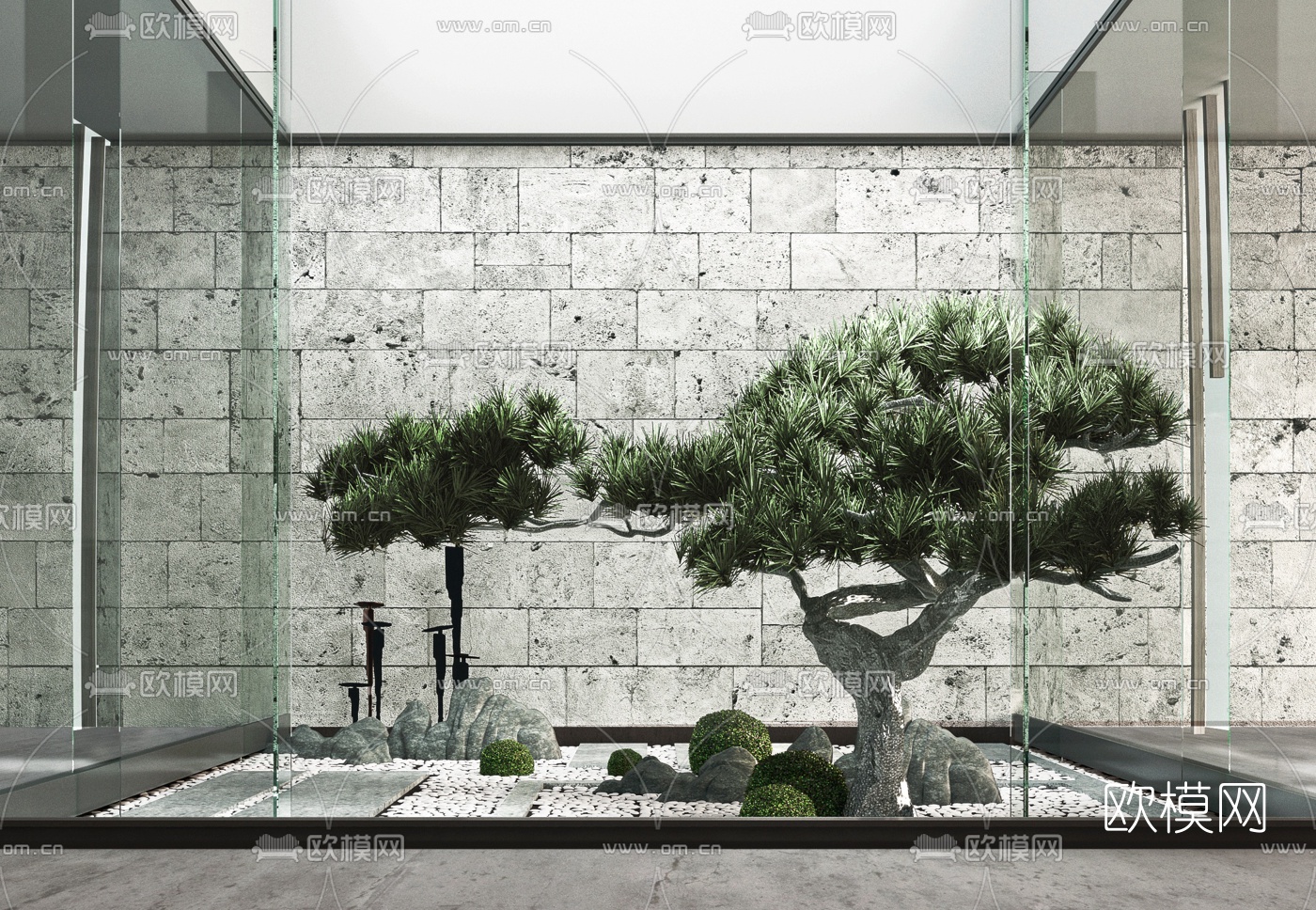 新中式松树枯山水小品3d模型下载（渲染图3）