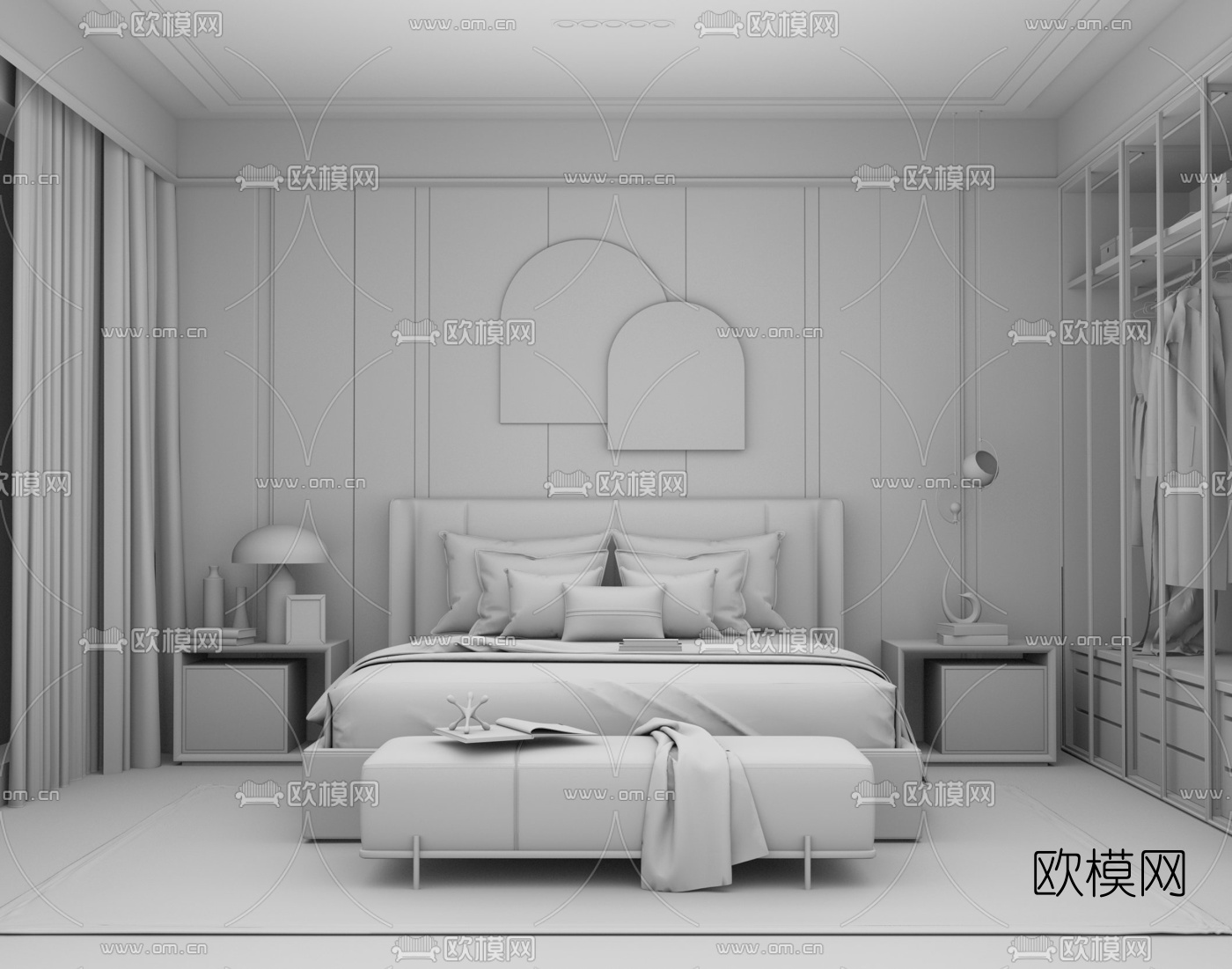 现代布艺双人床su模型下载（渲染图3）