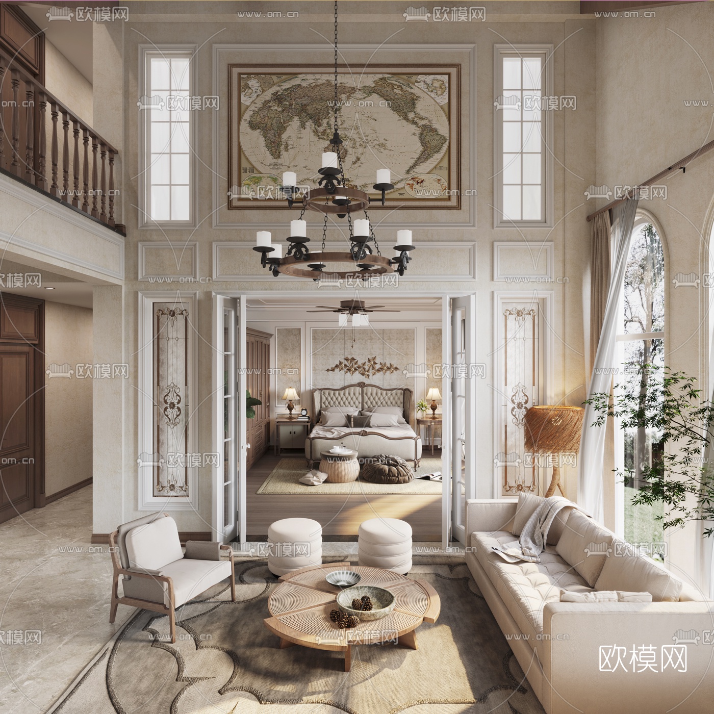 美式别墅客厅卧室3d模型下载（渲染图6）