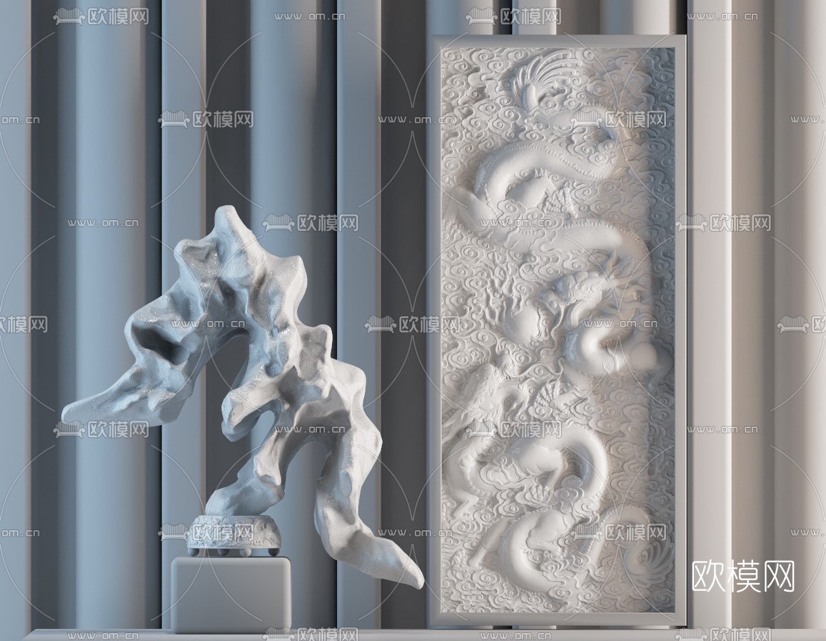新中式双龙戏珠浮雕雕塑摆件3d模型