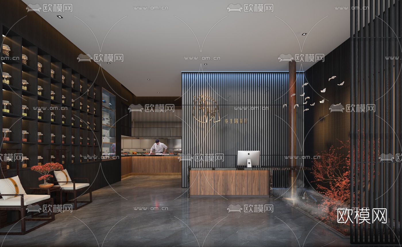 新中式主题餐厅前台3d模型