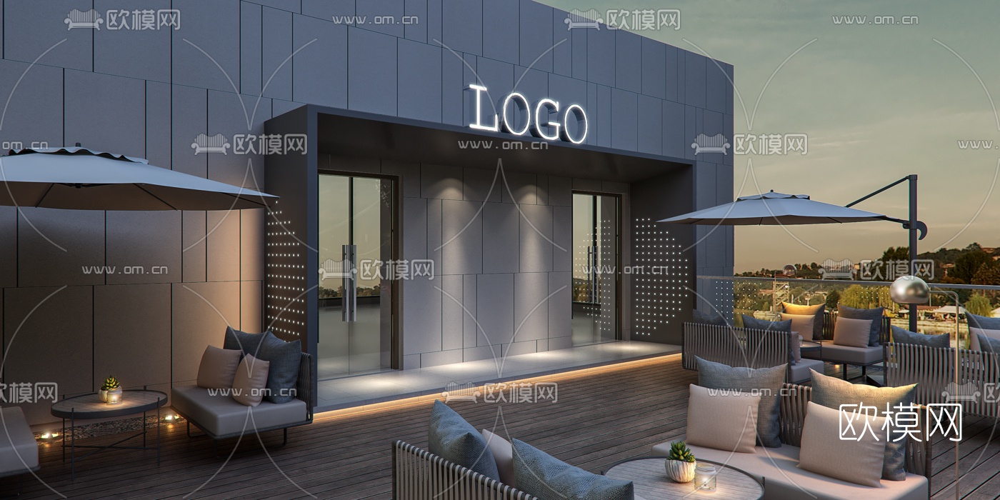 现代办公楼露台休息区夜景3d模型下载