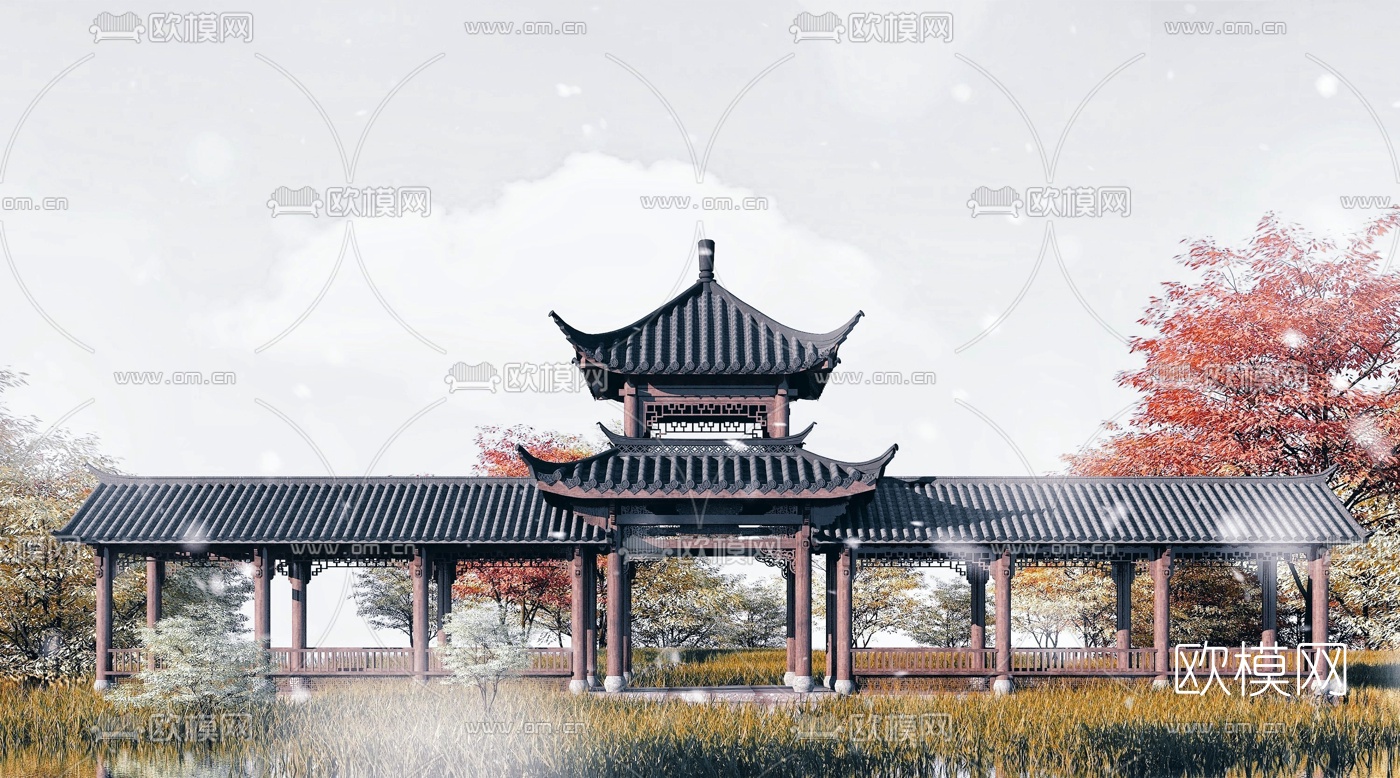 中式古建观景长廊3d模型下载