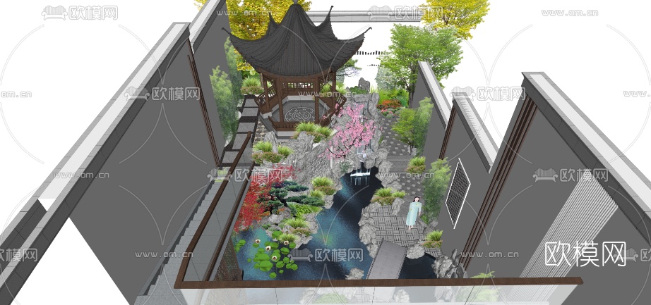 中式庭院景观su模型下载（渲染图2）
