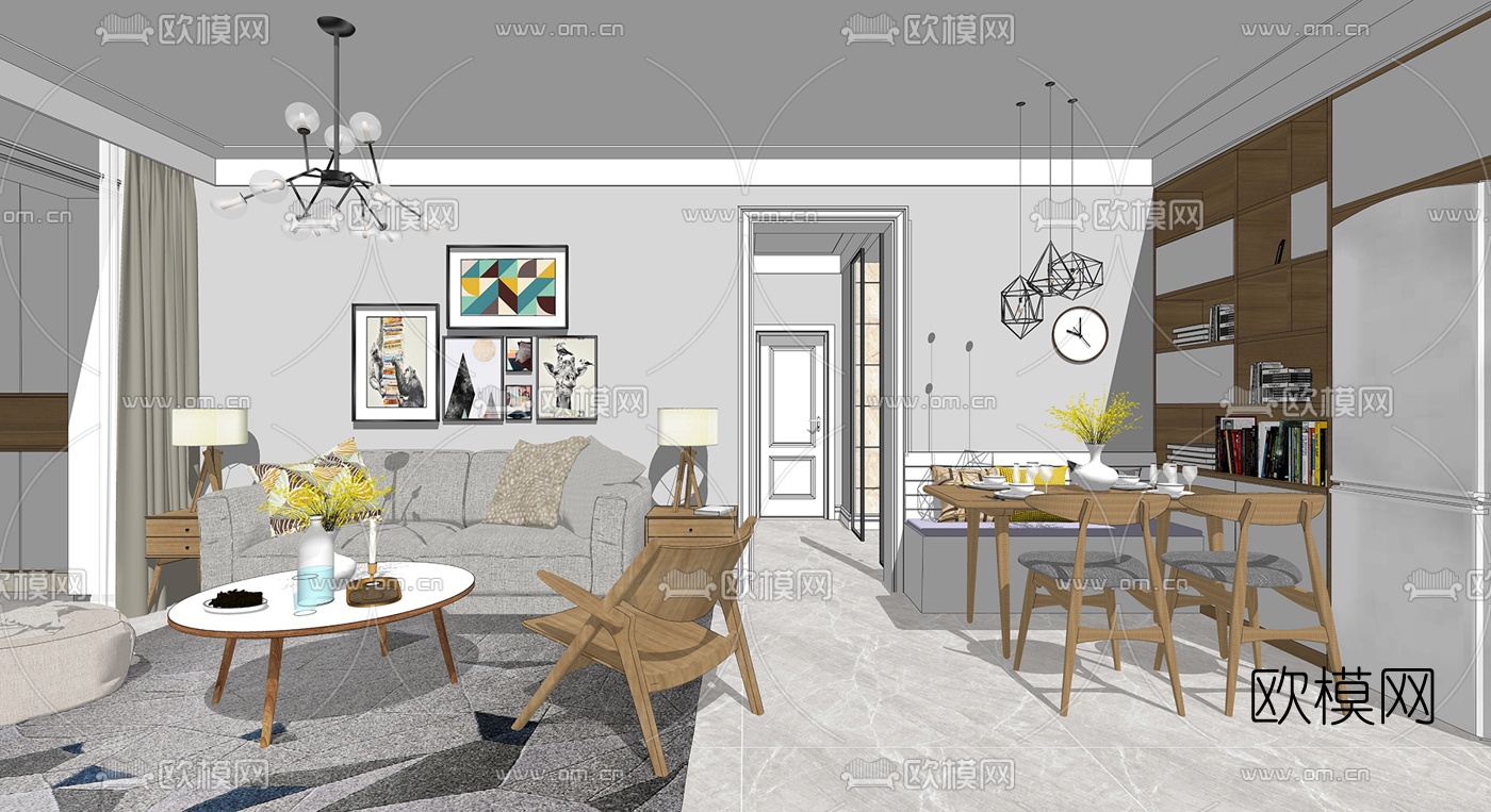 北欧客厅餐厅su模型下载（渲染图3）
