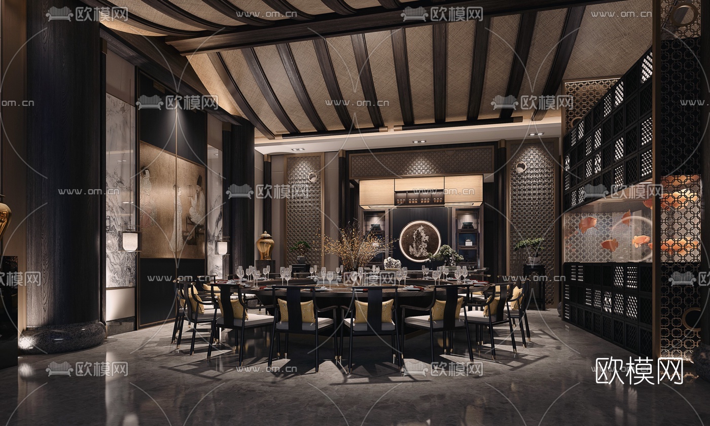 新中式轻奢酒店餐厅包房3d模型