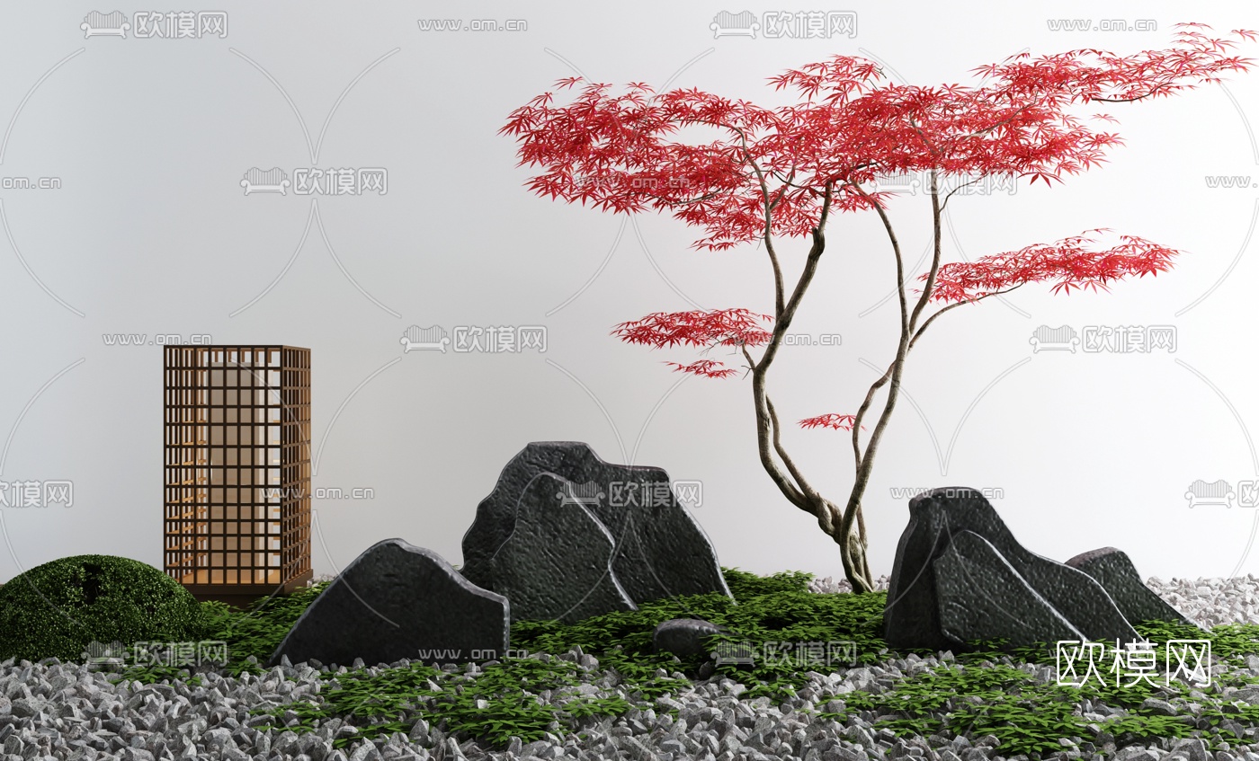 新中式假山灌木小品3d模型下载