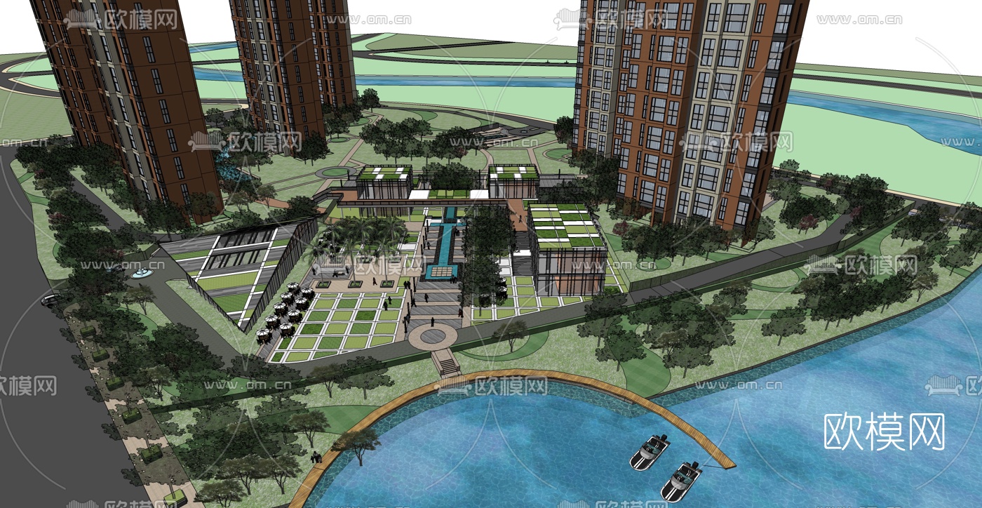 现代住宅小区su模型下载（渲染图1）