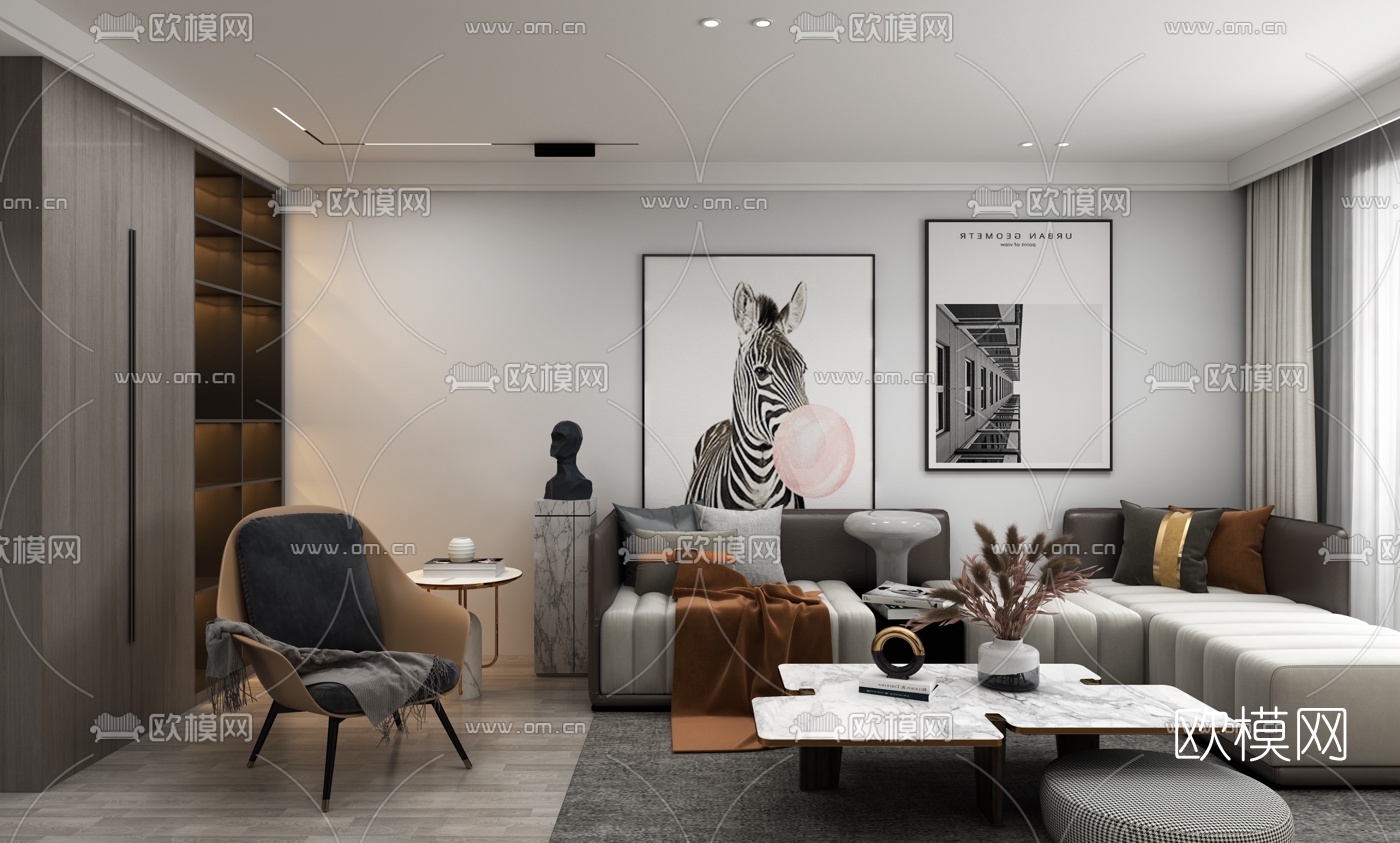 现代客厅餐厅免费3d模型下载（渲染图2）