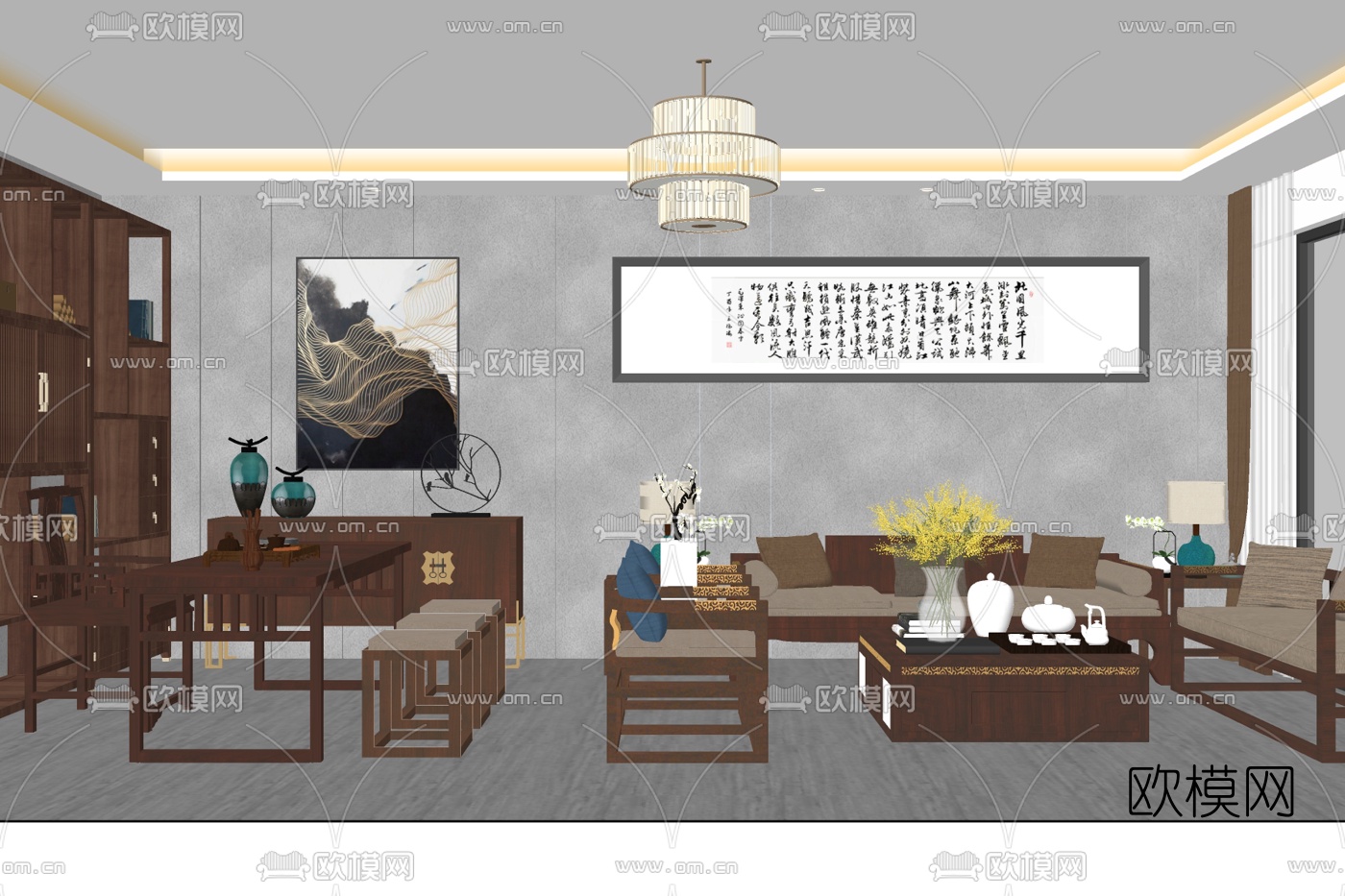 新中式实木组合沙发免费su模型下载