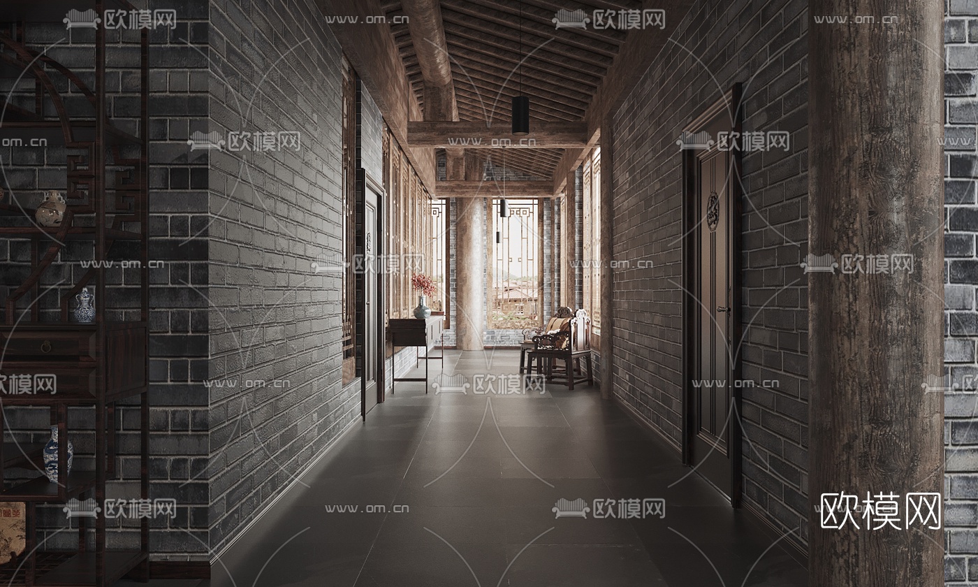 中式茶楼走廊过道3d模型